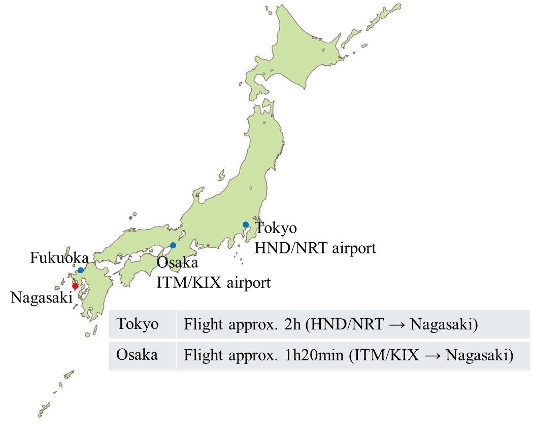 Map of Japan showing
              Tokyo, Osaka, Fukuoka, and Nagasaki with flight times to
              Nagasaki.